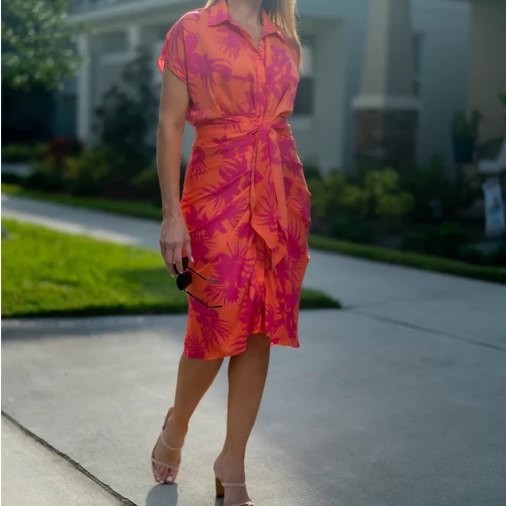Pink and Red Wrap Midi Dress